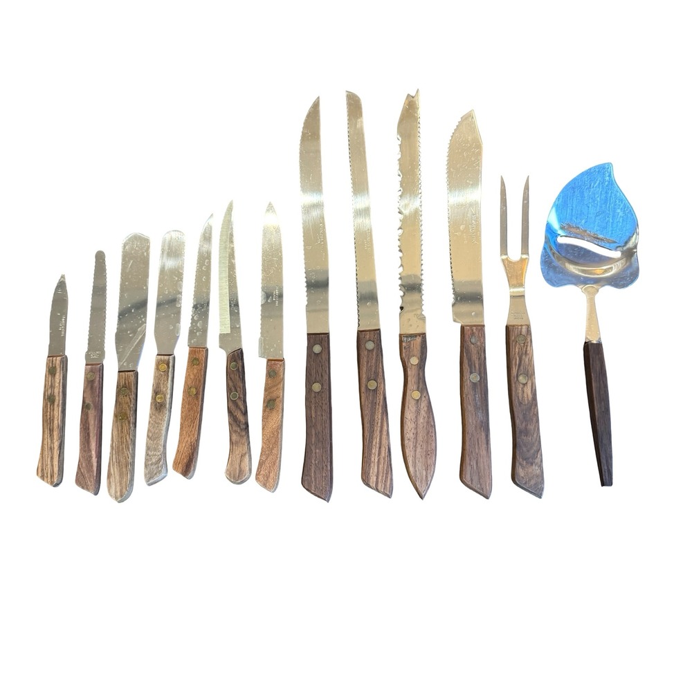 Vintage Stainless Steel Japan Wood Handle Cutlery Set 12 Knife Fork Cheese Tool